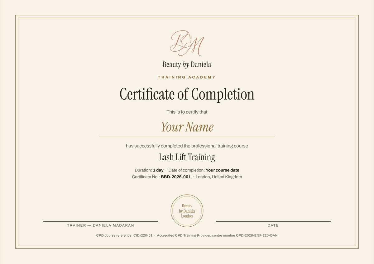 Example Beauty by Daniela certificate of completion with a student name, course and certificate number