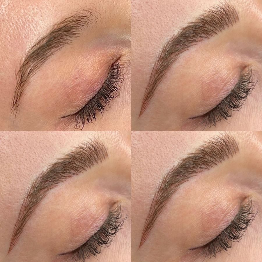 Close-up before and after results of brow and lash treatments